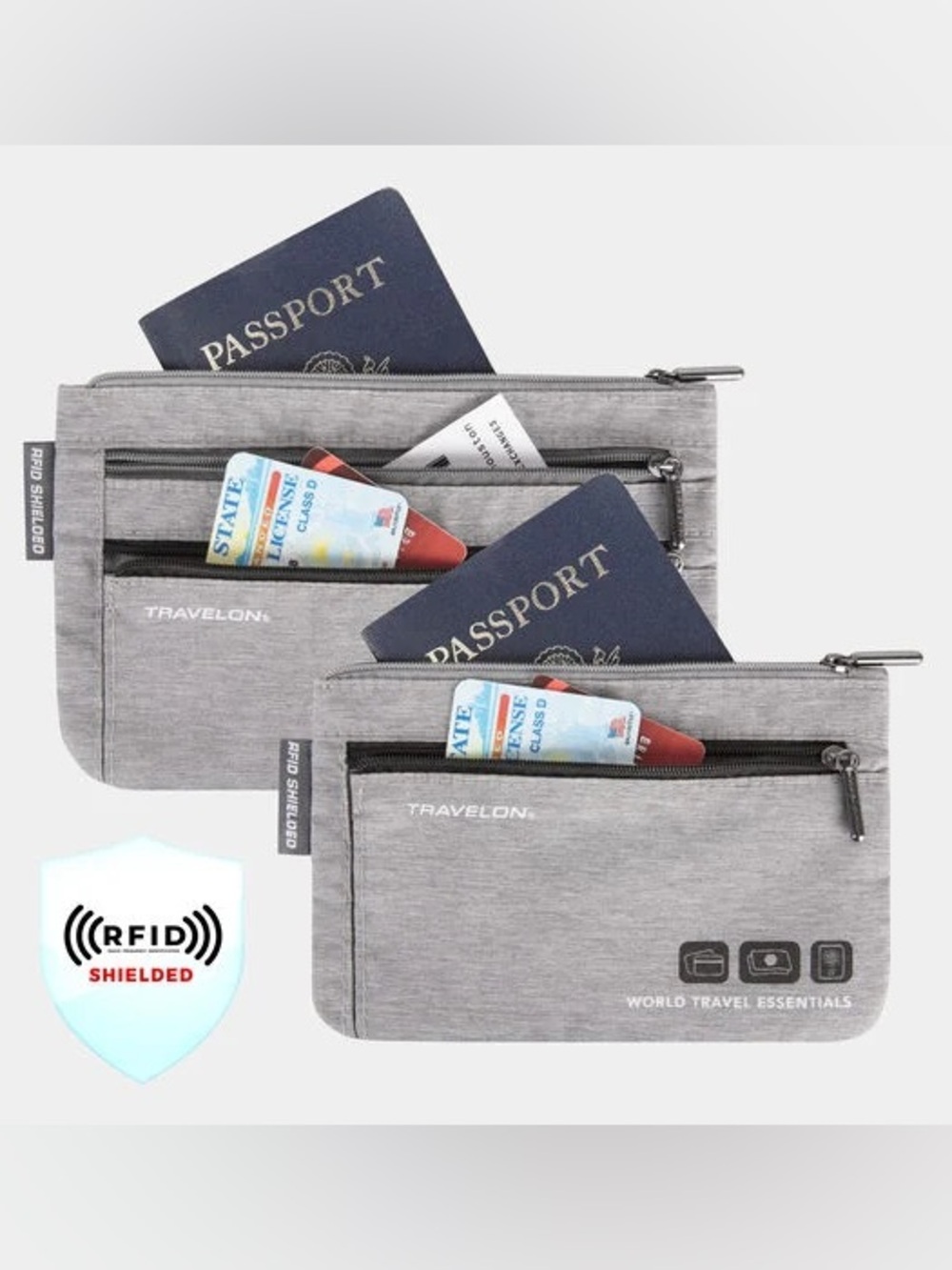 NWT - World Travel Essentials Set of 2 Gray Currency & Passport Organizers